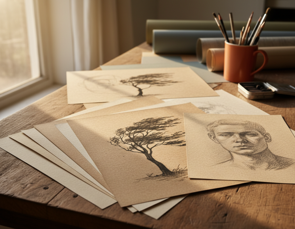 A close-up view of various sheets of toned drawing paper displayed artfully on a textured wooden table. The foreground features a diverse array of toned papers in warm shades of tan, beige, and light brown, each showcasing subtle variations in texture and grain. In the middle ground, a few charcoal sketches and graphite pencil drawings are partially visible, illustrating the rich contrasts that can be achieved on toned surfaces. The background softly blurs with warm, natural lighting streaming in from a nearby window, casting gentle shadows and lending a cozy atmosphere. The overall mood is inviting and artistic, highlighting the beauty and versatility of toned and colored drawing papers as a medium for creativity.
