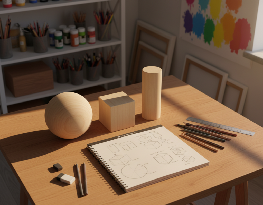 A creative workspace featuring a variety of objects used for drawing, thoughtfully arranged to emphasize fundamental shapes. In the foreground, a large wooden drawing table holds simple geometric objects like spheres, cubes, and cylinders, each cast in soft light to highlight their contours. In the middle ground, a sketchbook open to a page with annotated shapes demonstrates their construction and proportions, alongside a set of drawing tools—pencils, erasers, and a ruler—artfully scattered. The background reveals a softly lit studio filled with art supplies and vibrant color swatches, creating an inviting and inspirational atmosphere. The lighting is warm and natural, suggesting late afternoon, with soft shadows that add depth. The angle captures the scene from above, ensuring all elements are clearly visible and balanced, embodying the essence of learning and creativity. A creative workspace featuring a variety of objects used for drawing, thoughtfully arranged to emphasize fundamental shapes. In the foreground, a large wooden drawing table holds simple geometric objects like spheres, cubes, and cylinders, each cast in soft light to highlight their contours. In the middle ground, a sketchbook open to a page with annotated shapes demonstrates their construction and proportions, alongside a set of drawing tools—pencils, erasers, and a ruler—artfully scattered. The background reveals a softly lit studio filled with art supplies and vibrant color swatches, creating an inviting and inspirational atmosphere. The lighting is warm and natural, suggesting late afternoon, with soft shadows that add depth. The angle captures the scene from above, ensuring all elements are clearly visible and balanced, embodying the essence of learning and creativity.