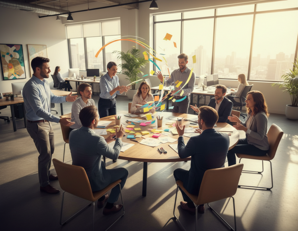 A dynamic scene depicting the concept of "flow" in character interaction, where a diverse group of professionals in modest business attire are engaged in a lively brainstorming session around a large table. The foreground features animated gestures and expressions, showcasing collaboration and creativity. In the middle ground, colorful sticky notes and sketches fill the table, symbolizing ideas in motion. The background reveals a bright, modern office space with large windows allowing natural light to flood the room, casting soft shadows. Capture the warmth and energy of teamwork, with an emphasis on fluid movement and expression, evoking a sense of inspiration and dynamic character development. Use a wide-angle lens to enhance depth. The overall atmosphere is vibrant and optimistic, encouraging innovative thinking and engagement.