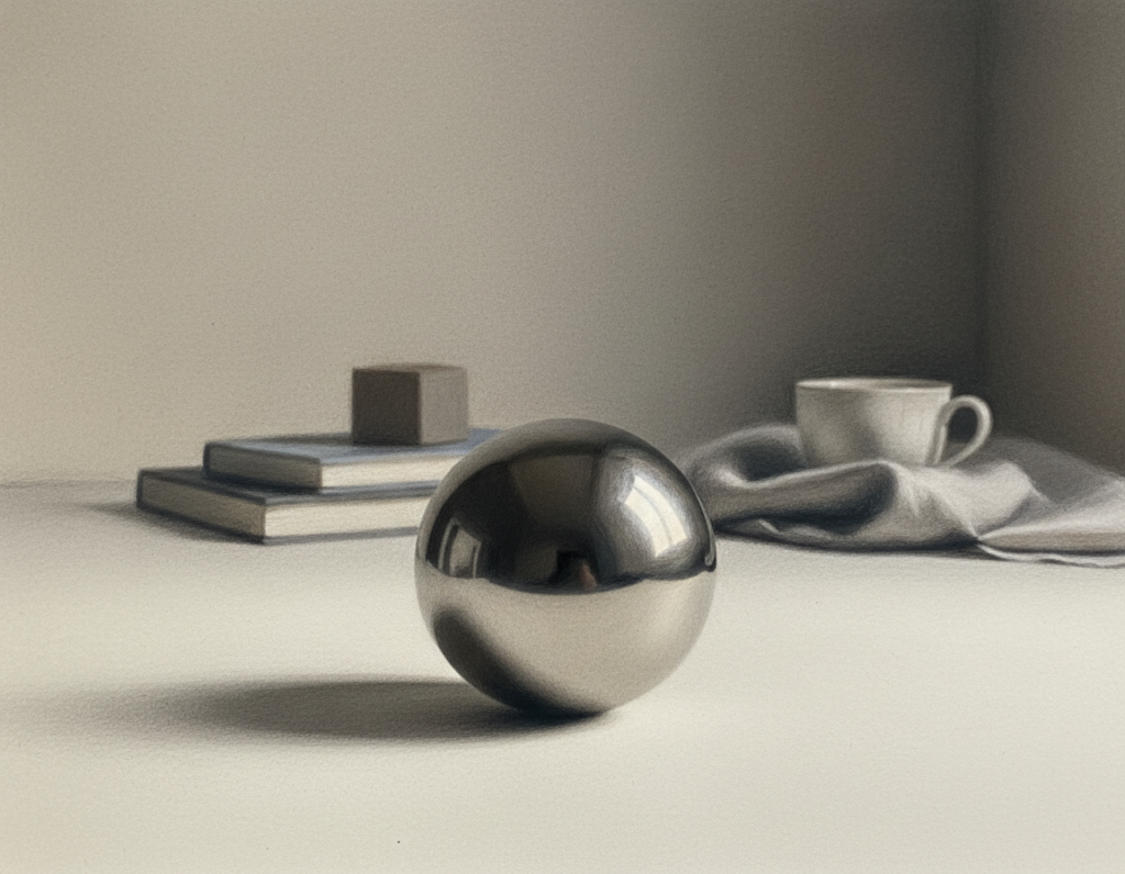 A polished, reflective sphere sits prominently in the foreground, casting a strong, defined shadow on a smooth, light-textured surface beneath it. The sphere, with a slightly metallic finish, captures the soft light from a nearby window, creating gentle highlights along its curved surface. The middle ground features subtle hints of abstract shapes that resemble common objects, slightly blurred to emphasize the sphere. In the background, muted colors suggest a simple studio setting with soft, diffused lighting that enhances the contrast between light and shadow. The overall mood is calm and focused, inviting the viewer to contemplate the relationship between form and the shadows it creates, reflecting the essence of understanding light and shadow in drawings.