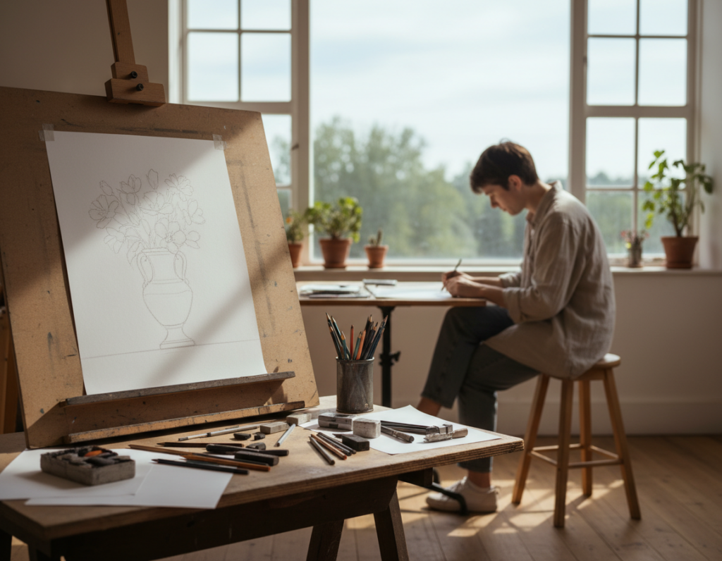 A serene art studio filled with natural light, showcasing a wooden drawing table in the foreground, covered with various sketching materials like pencils, charcoals, and erasers. On the table, an unfinished drawing emphasizes negative space, where the outlines of a vase and flowers are drawn faintly, leaving the background empty to highlight the void. In the middle ground, an artist in modest casual clothing is seen focusing on their work, with a look of concentration. The background features a large window with soft, diffused sunlight filtering through, illuminating the room and casting gentle shadows. The overall atmosphere is peaceful and contemplative, inviting viewers to appreciate the concept of negative space in art.