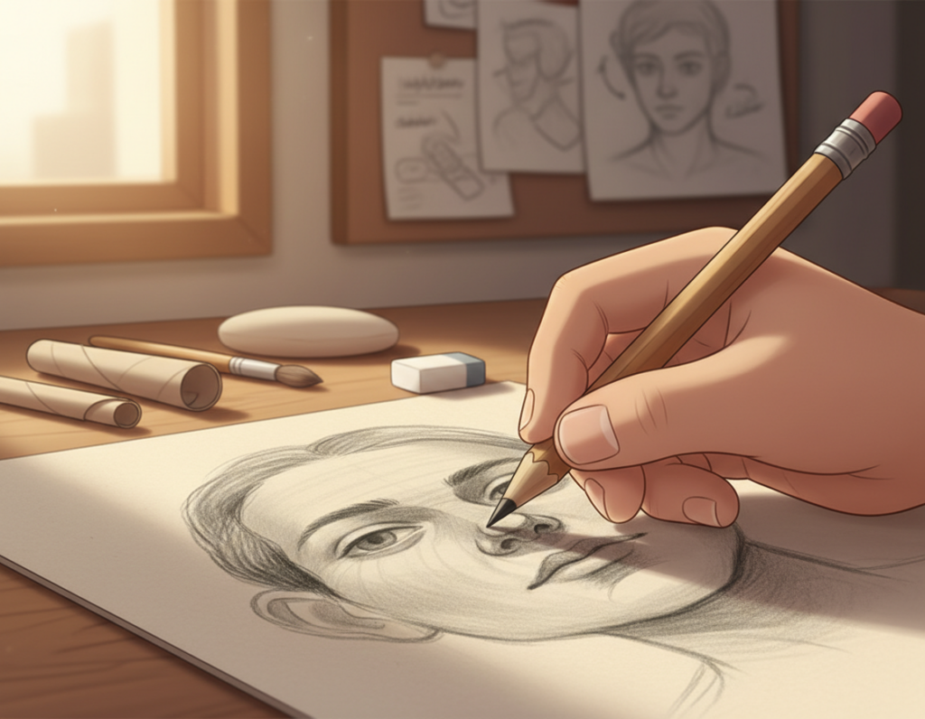 A close-up view of a hand holding a pencil, skillfully applying blending techniques on a layered pencil drawing. The foreground features the textured paper, clearly showing varying shades of graphite and the delicate transitions between light and dark areas. In the middle ground, a set of professional blending tools like tortillons and brushes are arranged aesthetically, with a soft light reflecting off them. The background exhibits blurred sketches and notes related to shading techniques, creating a cozy, art studio atmosphere. The lighting is warm and inviting, enhancing the mood of concentration and creativity. Utilize a shallow depth of field to focus on the pencil strokes and blending tools while keeping the background softly out of focus. No text, captions, or watermarks.