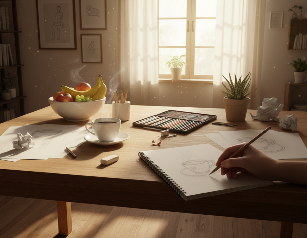 A cozy artist's workspace featuring a wooden table cluttered with sketches of everyday objects like a fruit bowl, a coffee cup, and a potted plant. In the foreground, a hand holding a pencil hovers over a sketchbook, with visible eraser marks indicating attempts and modifications. The middle ground shows an array of art supplies, including colored pencils, an eraser, and a sharpener, positioned alongside crumpled papers, symbolizing the journey of overcoming common drawing challenges. The background features a softly lit window with sheer curtains, allowing warm sunlight to enter, casting gentle shadows that enhance the inviting atmosphere. The scene conveys determination and creative spirit, ideal for inspiring confident sketching.