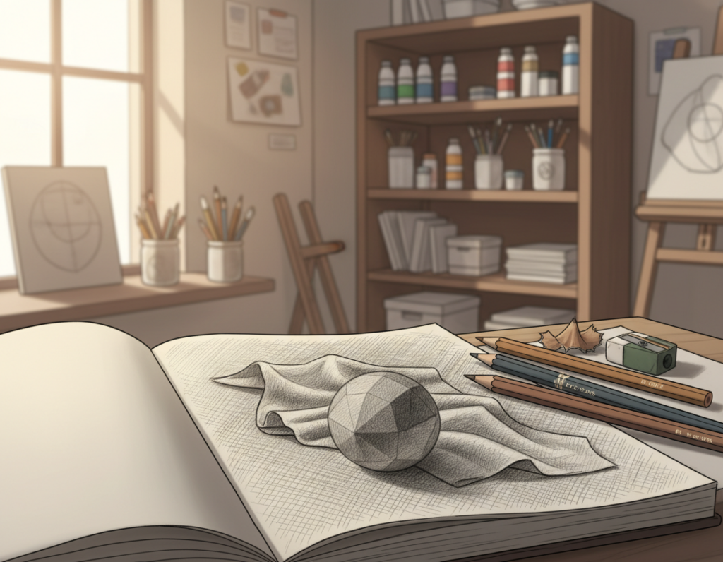 A detailed close-up image showcasing the hatching and cross-hatching technique in pencil drawing. The foreground features a sketchbook open to a page with meticulous hatching lines in varying thicknesses, demonstrating shading and depth. The middle ground highlights a variety of pencils, ranging from HB to 8B, positioned alongside the sketchbook, their tips showing traces of graphite. The background fades softly, with a blurred art studio setting including shelves filled with art supplies, enhancing the creative atmosphere. Warm, natural lighting filters in from a window, creating gentle shadows that emphasize the textures of the paper and pencils. The mood conveys focused artistry and exploration in drawing techniques, inviting viewers to appreciate the intricacies of blending methods in pencil work.