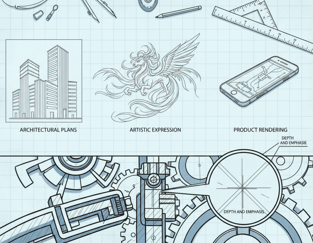 A detailed technical drawing showcasing the advanced applications of line weight in various sketching styles. In the foreground, illustrate a close-up section of a technical sketch featuring bold, varying line weights that demonstrate depth and emphasis, including a mix of fine lines and thick strokes. In the middle ground, depict broader sections of sketches in diverse styles – from architectural blueprints to artistic illustrations, showing how line weight influences each. The background should be a subtle grid or drafting table surface to provide context. Use soft, diffused lighting to illuminate the sketches, accentuating the line variations and traits. Capture an atmosphere of creativity and precision, inviting the viewer to explore the intricacies of line weight in sketching.