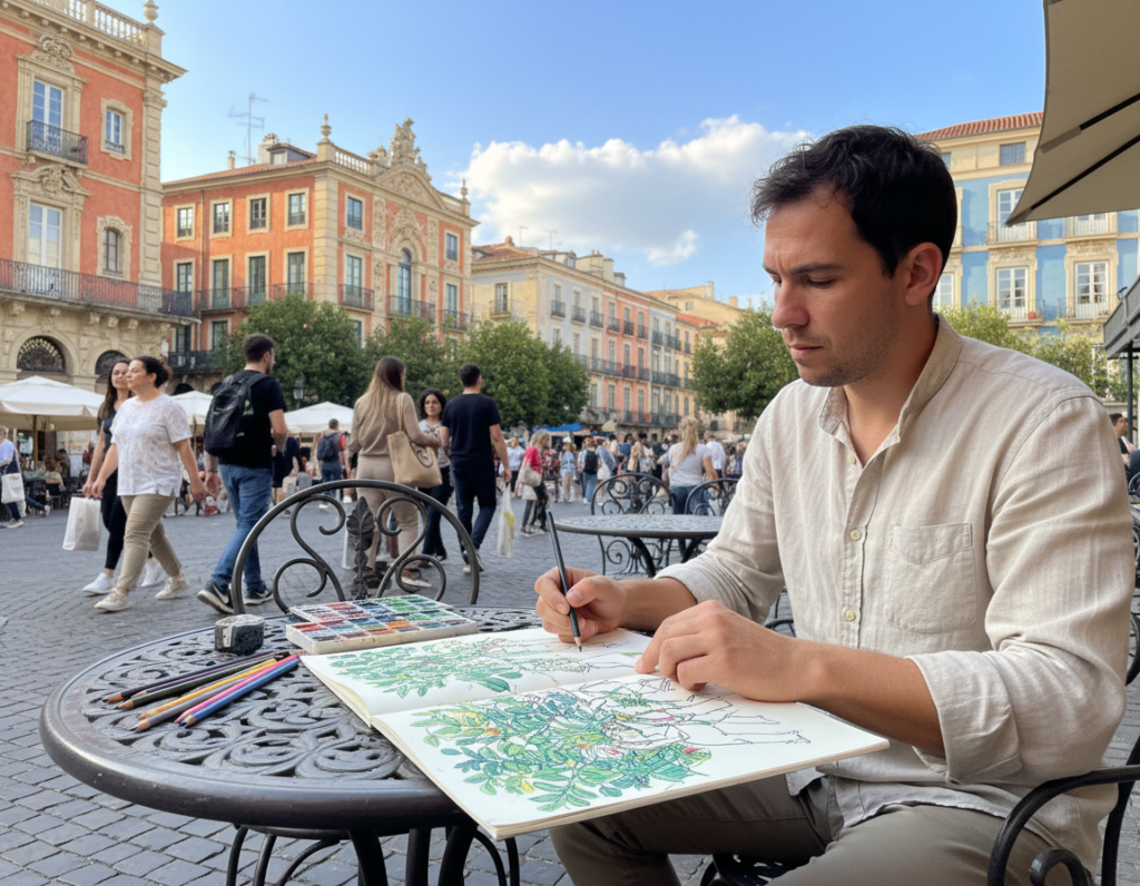 A focused artist sitting at an outdoor café table, intently sketching a vibrant urban scene. In the foreground, the artist holds a pencil over a sketchbook, with a partial view of the drawing showing vivid outlines and textures of nearby plants and bustling people. The middle ground features colorful buildings with intricate architectural details, while softly blurred pedestrians walk by, capturing the essence of the lively atmosphere. In the background, a clear blue sky with fluffy white clouds completes the setting. Natural sunlight bathes the scene in a warm glow, creating soft shadows that enhance depth. The overall mood is serene yet dynamic, embodying the theme of observation and creativity through sketching.