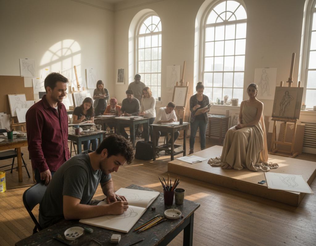 A serene art studio bustling with creativity, showcasing a diverse group of art students engaged in figure drawing. In the foreground, an instructor guides a student as they sketch a model posed elegantly on a pedestal, draped in modest clothing. The student, focused and determined, captures the model's form on their sketchpad. In the middle ground, other students are working on their own drawings, surrounded by easels, pencils, and sketchbooks, some collaborating and sharing tips. The background reveals large windows letting in warm, soft natural light, creating an inspiring and inviting atmosphere. The scene conveys a sense of community and dedication to art, emphasizing the importance of figure drawing in honing artistic perception, captured from a slightly elevated angle for a dynamic perspective.