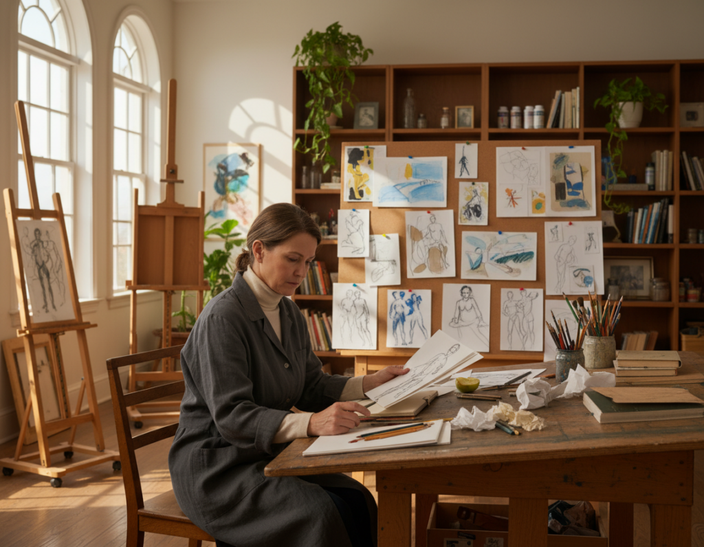 A serene indoor art studio, soft natural light streaming through large windows, casting gentle shadows on wooden easels. In the foreground, a focused artist, dressed in professional attire, sits at a cluttered table filled with sketches, pencils, and notes. The artist, a middle-aged Caucasian woman, is pensively reviewing a series of timed gesture drawings, her brow furrowed in concentration. In the middle ground, various sketches of varying styles and subjects are pinned to a corkboard, showcasing the artist's progress. The background features shelves filled with art supplies and plants, enhancing the creative atmosphere. The overall mood is one of introspection and growth, with a warm color palette to evoke a sense of calm and determination.