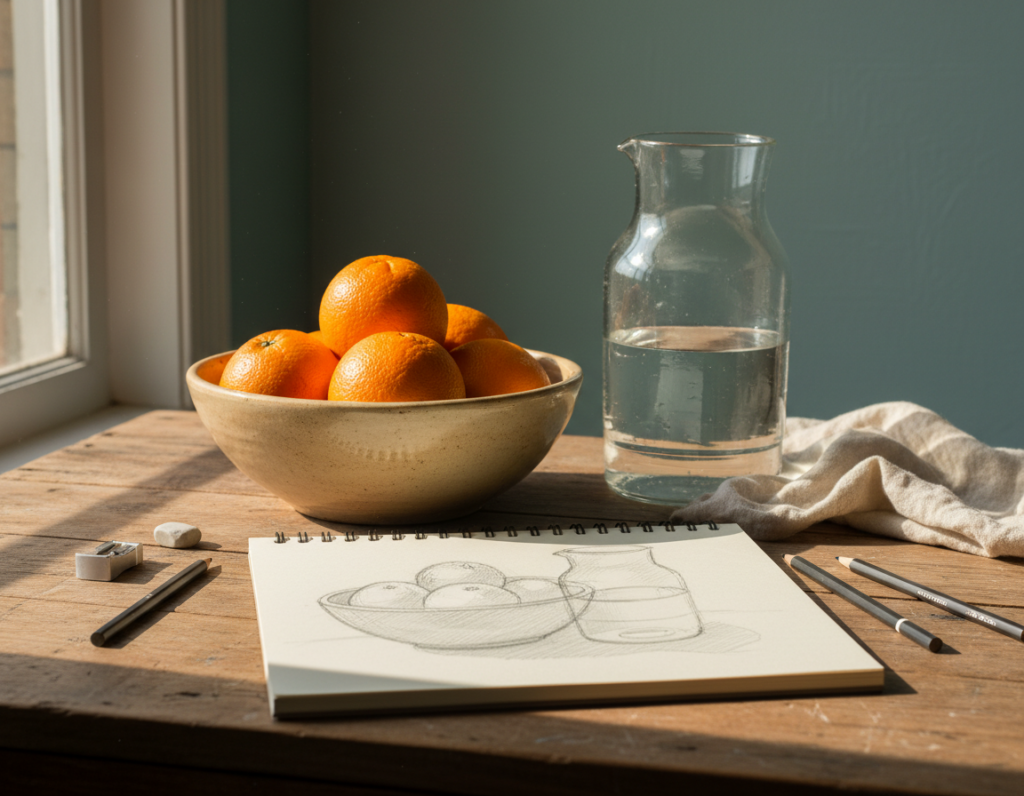 A still life sketching scene featuring a wooden table with a classic array of simple objects: a round, textured ceramic bowl filled with ripe oranges, a weathered glass jug partially filled with water, and a folded linen napkin draped beside them. The foreground should emphasize the play of light and shadow, capturing the essence of chiaroscuro as sunlight streams in from a nearby window, casting dynamic patterns across the surfaces. In the middle ground, a sketchbook lies open, displaying a partially finished pencil drawing of the arrangement, showcasing soft graphite shading techniques. The background features a muted pastel wall, enhancing the overall calm and reflective atmosphere of a quiet artist's studio. The mood is serene and contemplative, ideal for inspiring creativity in still life drawing.