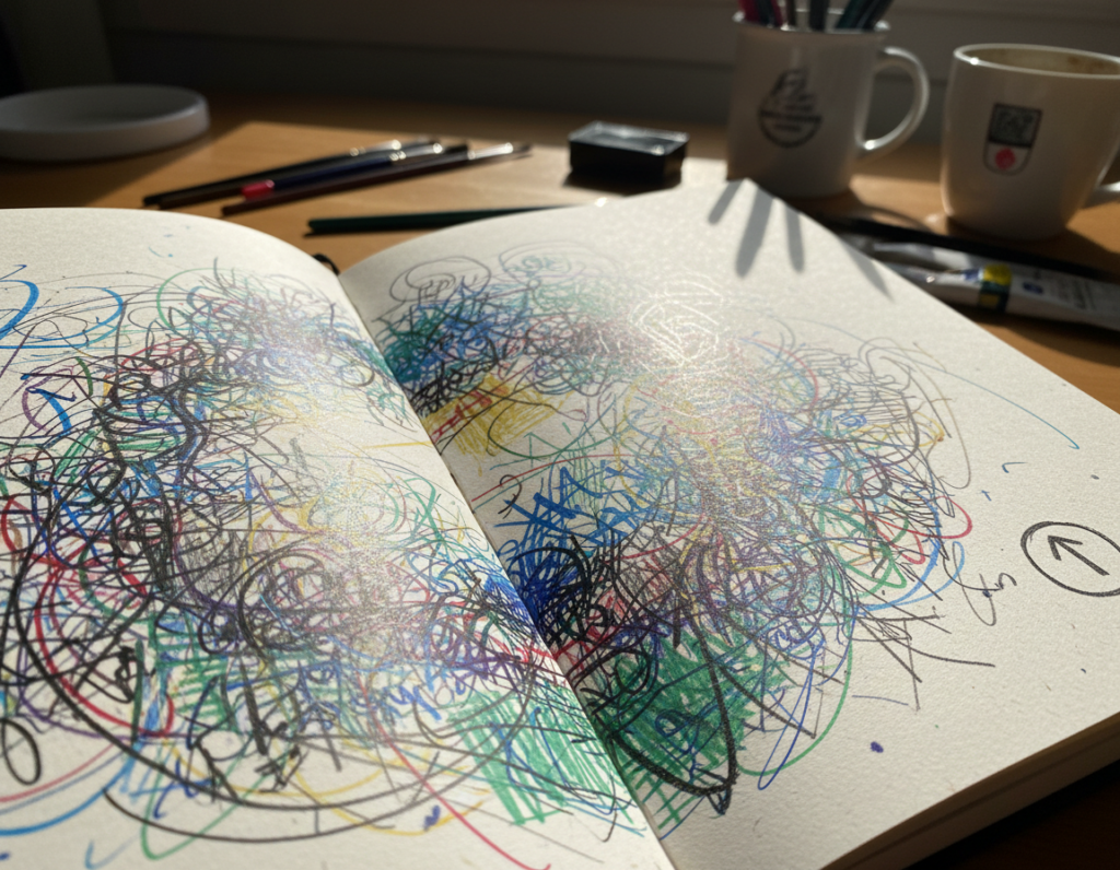 A textured sketchbook open to a page filled with various mark-making techniques, showcasing layered lines and strokes in a variety of colors and styles. In the foreground, a close-up of vibrant pencil and ink marks crisscrossing the page, capturing a sense of dynamic creativity. The middle layer features gentle shadows from a soft, diffused light, creating depth and dimension, while the background softly fades into a blurred, warm-toned workspace, suggesting an inviting atmosphere for artistic practice. The overall mood is inspiring and encouraging, emphasizing the joy of small, consistent wins in a creative routine. The composition is balanced, with every element leading the viewer's eye around the mark-making page, signifying growth and exploration in a personal sketchbook habit.