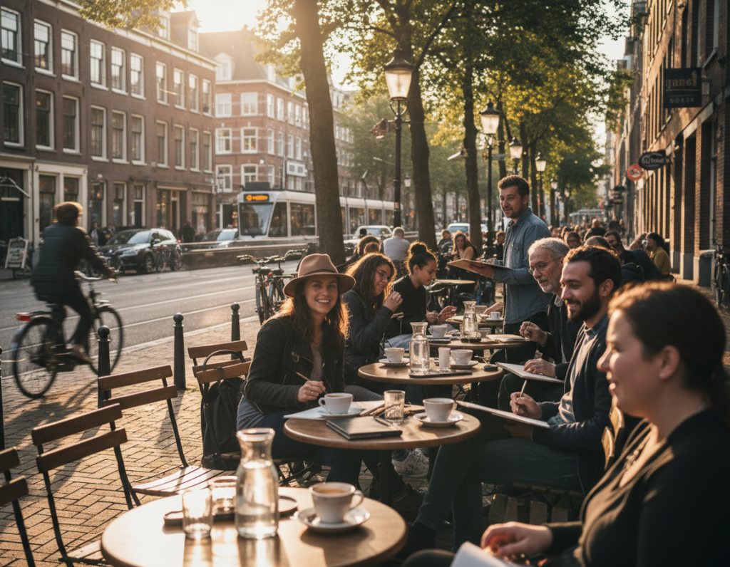 A vibrant urban landscape captured in the golden hour, showcasing the interplay of light and shadow. In the foreground, a bustling outdoor café with tables and chairs, bathed in warm sunlight, creating inviting highlights on the surfaces. In the middle ground, a diverse group of artists sketching the scene, their focused expressions reflecting a passion for outdoor drawing. The background features a lively city street, with buildings casting long shadows, enhancing the contrast between light and dark areas. Soft, diffused sunlight filters through trees, creating dappled patterns on the ground. The overall atmosphere is energetic and inspiring, filled with the warmth of a crisp afternoon, perfect for urban sketching that brings outdoor scenes to life.