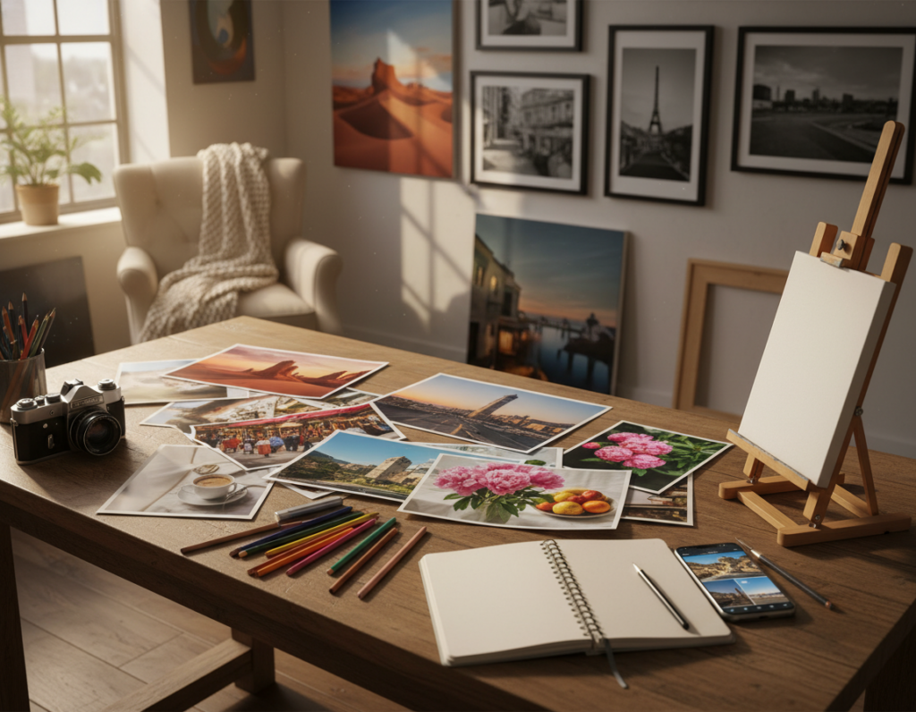 A well-lit, artistic workspace featuring a diverse selection of photo references scattered on a large wooden table. In the foreground, an open sketchbook and a set of colored pencils are arranged next to creative tools such as a camera and a smartphone displaying vivid images of landscapes and still life. The middle of the scene includes a small wooden easel holding a blank canvas, inviting creativity. Background elements include warm, soft lighting from a nearby window, illuminating the workspace, and inspiring art pieces hanging on the walls. A cozy chair is positioned near the table, enhancing the inviting atmosphere. The overall mood is encouraging and contemplative, fostering a sense of artistic exploration and individuality in creating unique references.