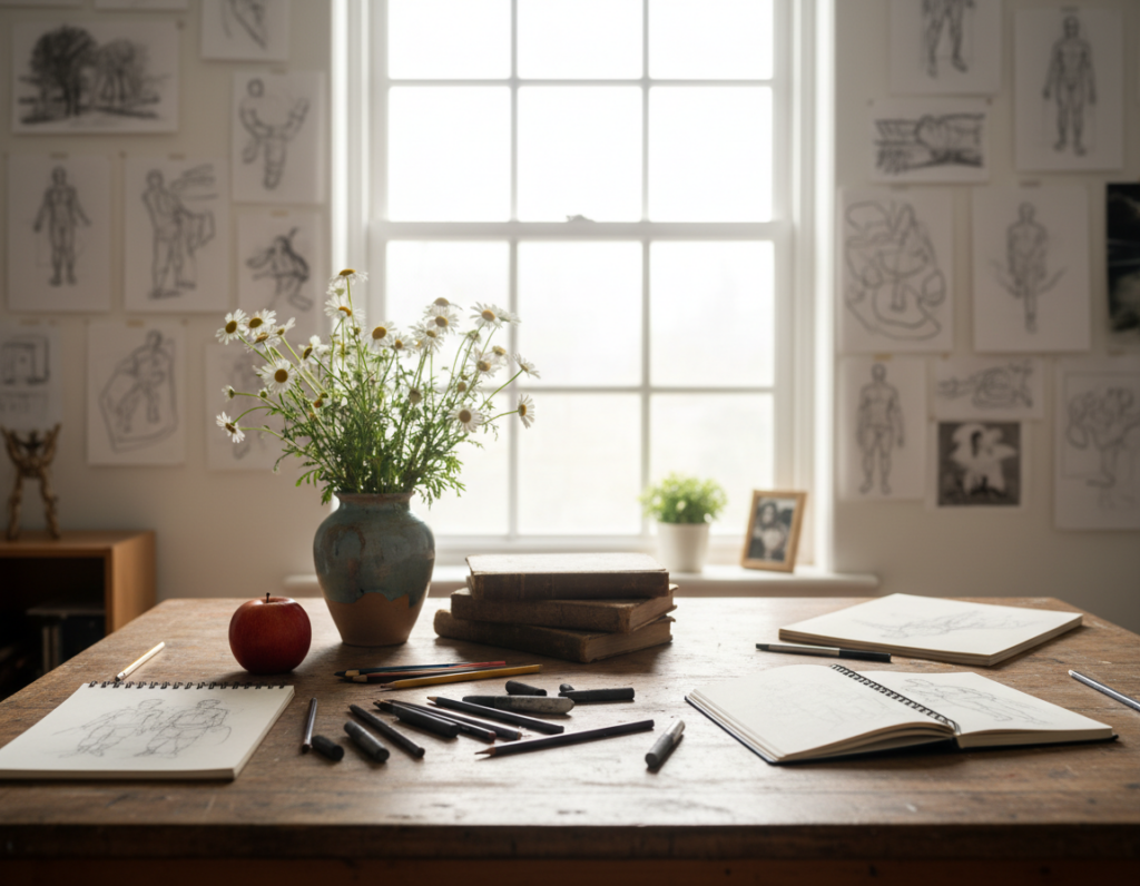 A well-lit artist's workspace set up for observation drawing exercises, featuring a wooden drawing table in the foreground with an assortment of art supplies: pencils, charcoal sticks, and sketchbooks. On the table, a still life arrangement of everyday objects, such as a textured ceramic vase with fresh flowers, a shiny apple, and a stack of old books, creating a rich visual contrast. In the middle background, a large window allows soft, natural light to pour in, illuminating the scene. The walls are adorned with various sketches and illustrations, adding a creative atmosphere. Use a shallow depth of field to focus on the drawing table, while the window and sketches are gently blurred, enhancing the artistic mood. The overall ambiance is inviting and inspiring, perfect for daily sketching exercises.